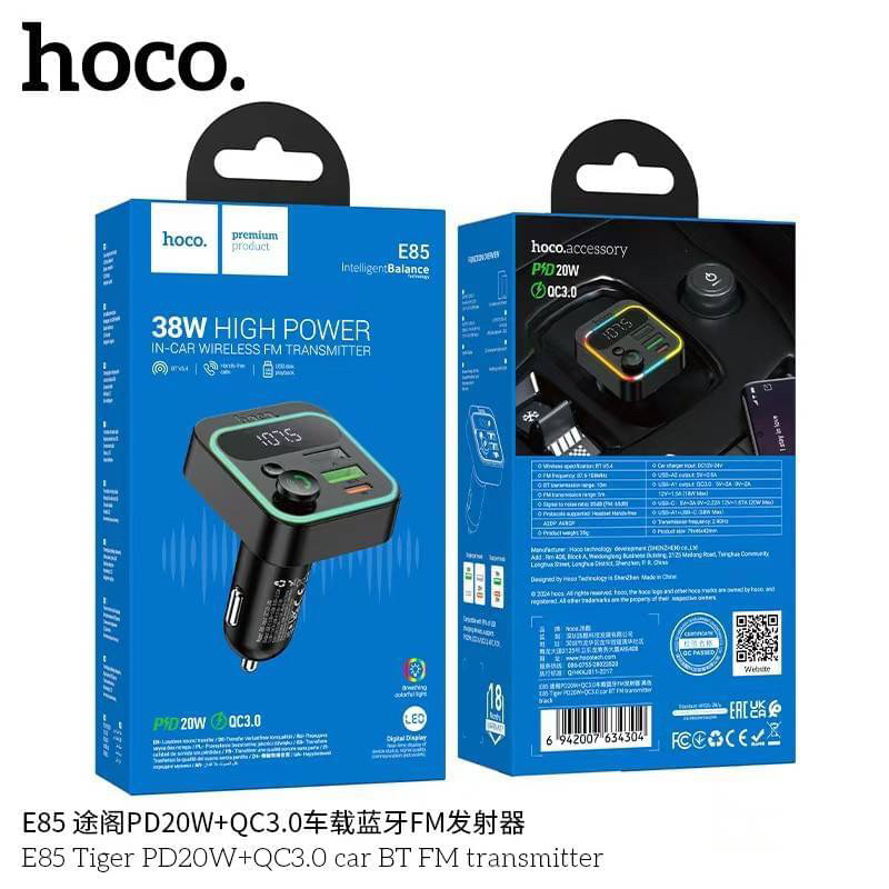 Hoco E85 บลูทูธในรถยนต์ บลูทูธพร้อมหัวชาร์จ Car Charger FM Bluetooth 5.4 ชาร์จเร็ว PD20W+QC3.0