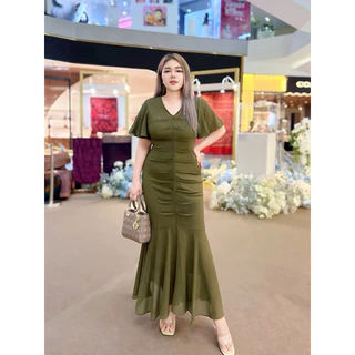 🔥Best Seller🔥ชุดออกงานเดรสยาวชีฟองหางปลาคอวีแขนระบายจับริ้วด้านหน้าดูหรูหรามาก#Maisie Shop