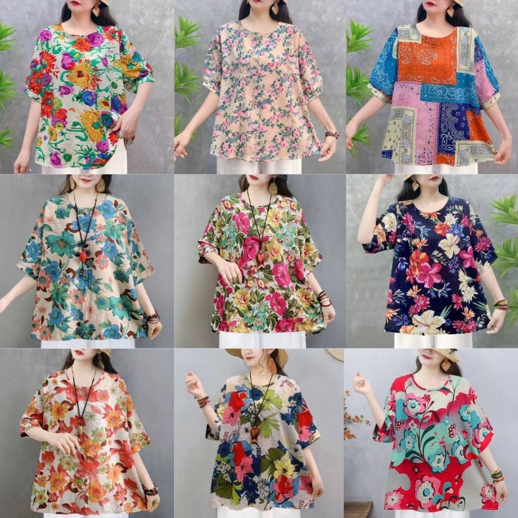 เสื้อแขนสั้นผู้หญิง (อก 50 นิ้ว) คอกลมพิมลายลายดอก ผ้าฝ้ายไม่ยืด บางเบาใส่สบาย สินค้าพร้อมส่ง C1