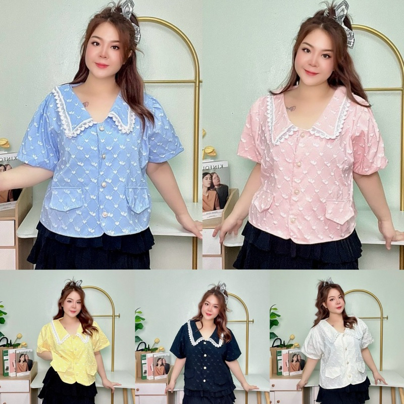 เสื้อสาวอวบ เสื้อไซส์ใหญ่ เสื้อครอป เสื้อคอปกแต่งลูกไม้ แขนสั้น ผ้าลักชูลายหัวใจ หน้าผ้า 50“ อก 42-48”