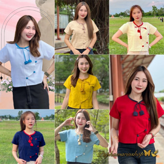 เสื้อสีฟ้า ผ้าฝ้ายพื้นเมือง ผูกเชือกทิวลิปเก๋ๆร่วมสมัยใส่ออก…