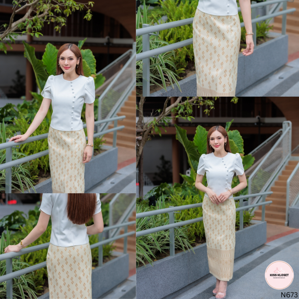 ผ้าถุงทอลายขอพระราชทาน เหมาะกับงานบุญใหญ่มากเลยจ้า งานอัดกาวทั้งชุด (S-2XL) KS673