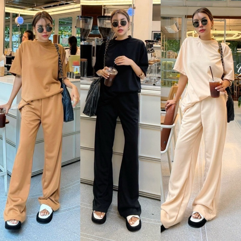Yunaka ชุดเซ็ต 2 ชิ้น เซทเสื้อคอกลมแขนสั้น อก 46-54” Korea style oversize set กางเกงขายาว ทรงขาม้า เอวยางยืด เอว 24-36“