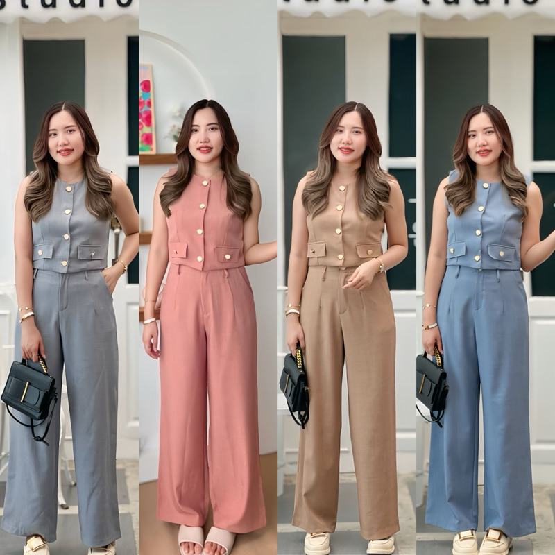 Bacriry Set ชุดเซตแขนกุดกระดุมหินอ่อนแมทกางเกงขายาวAN257