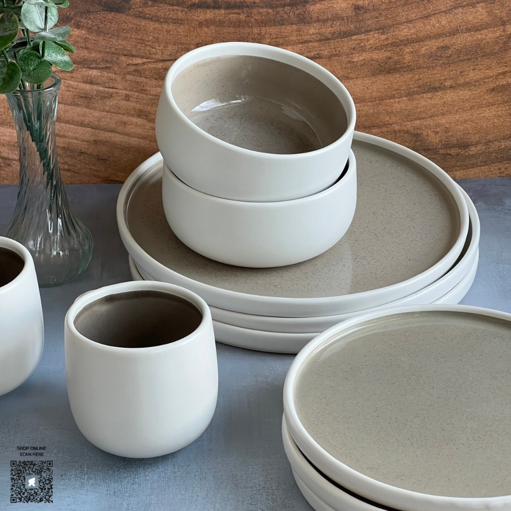 ชาม จาน แก้วเซรามิก เคลือบทูโทน ด้านนอกสีขาว ด้านในสีน้ำตาลเทา - AT1CERAMIC