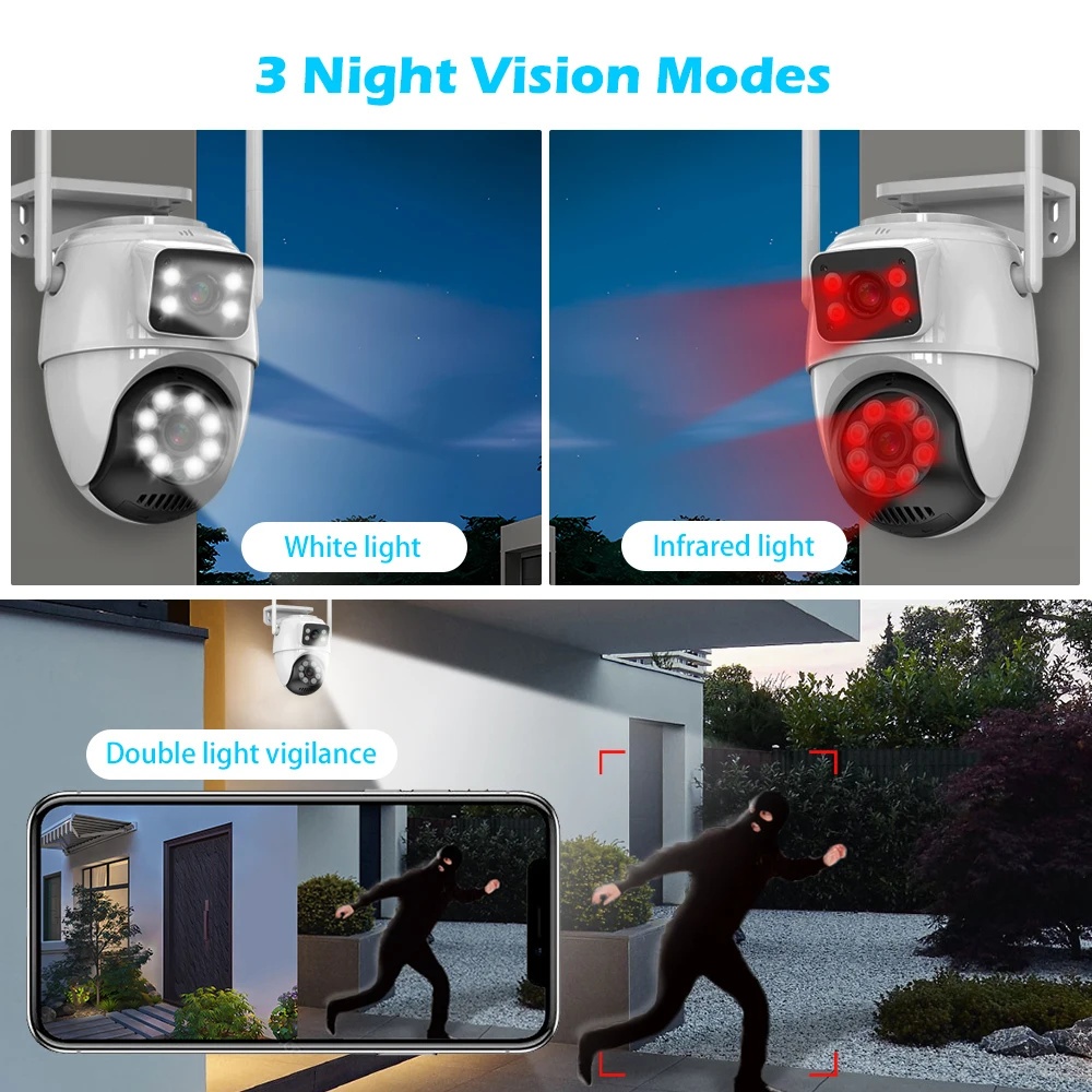 GUOANVISION 8MP 4K WiFi IC see กล้องวงจรปิดไร้สายกลางแจ้งความปลอดภัยกันน้ำป้องกันหน้าจอเลนส์คู่สี Night Vision