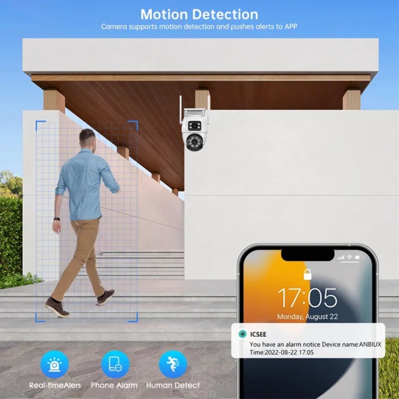 GUOANVISION 8MP 4K WiFi IC see กล้องวงจรปิดไร้สายกลางแจ้งความปลอดภัยกันน้ำป้องกันหน้าจอเลนส์คู่สี Night Vision