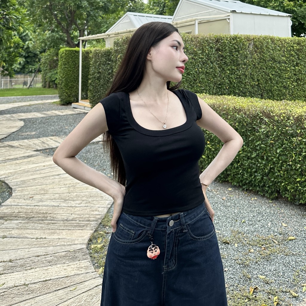 🌈MesubShop🌈เสื้อครอป ทรงแขนเต่อ ผ้ายืดยูนิ 😻 คอเหลี่ยม ช่วยพรางหุ่นสุด สาวอวบใส่ได้ พร้อมส่ง รุ่น น้ำพริก
