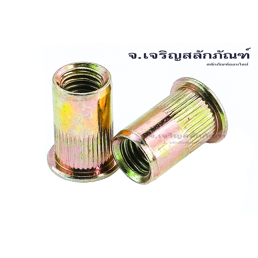 รีเวทนัทเหล็กชุบรุ้ง รุ่นคอลาย เกลียวหุน ขนาด 1/4"-1/2"  BSW/NC Flat Head Insert Nut Rivet (แพ็คละ 5