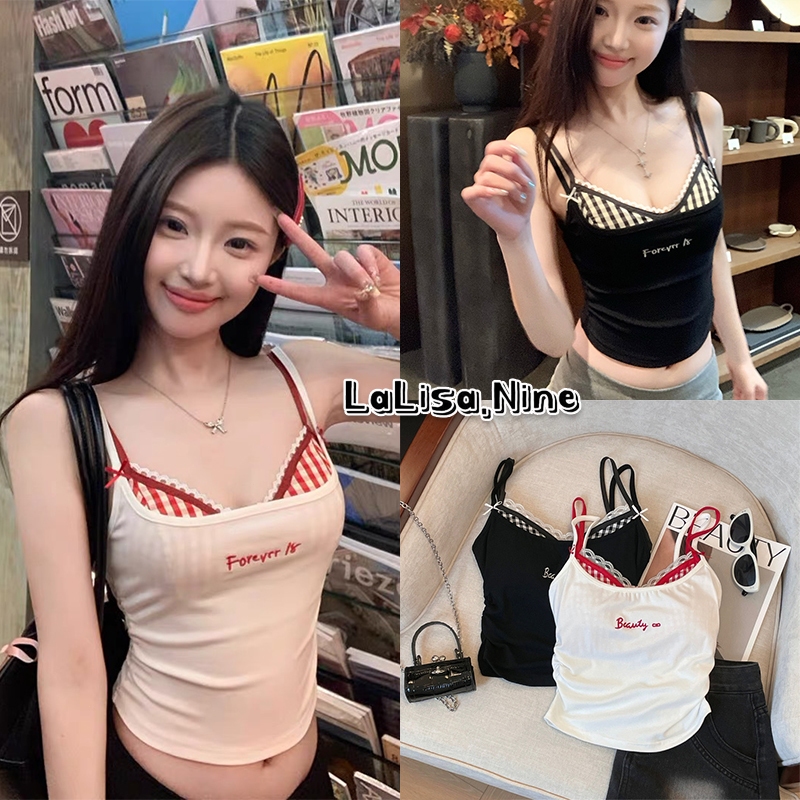 Lalisa พร้อมส่ง🎀✨เสื้อสายเดี๋ยวเซ็กซี่ผู้หญิง👙เสื้อครอป set 2ชิ้นมีฟองน้ำ croptop Y2kบราแต่งโบว์ หลังสม็อกยาง ชุดไปทะเล
