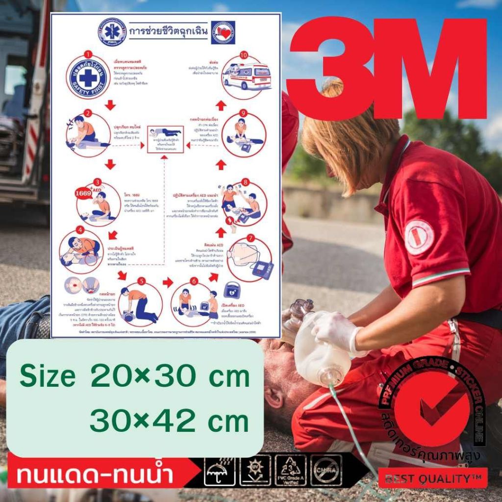 (498)ป้าย การช่วยชีวิตฉุกเฉิน ขั้นตอนการช่วยชีวิต ความปลอดภัย Safety สติ๊กเกอร์ Sticker 3M ฟิวเจอร์บอร์ด