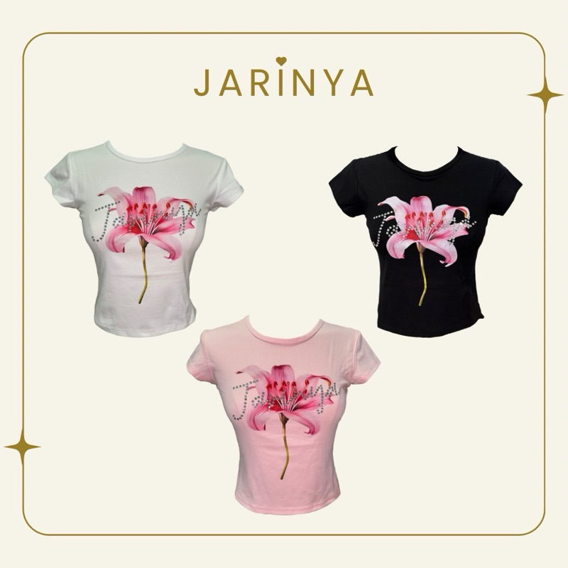 เสื้อ baby tee ดอกชบาสกรีน ติดเพชร Jarinya