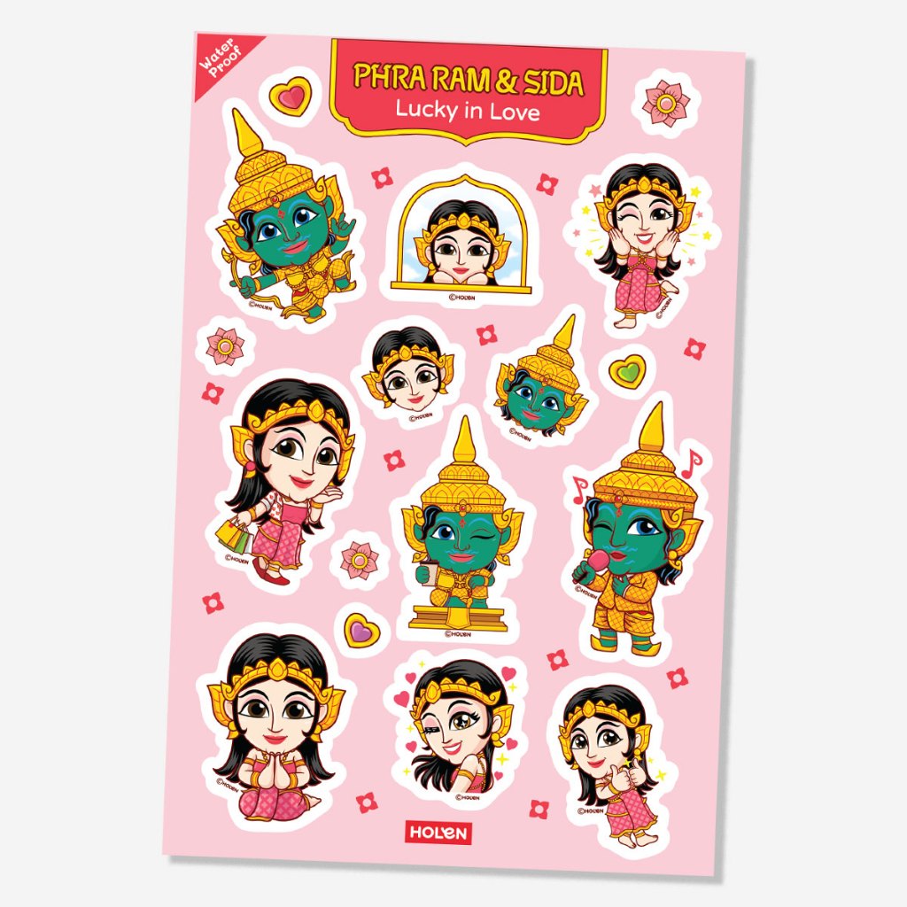 Waterproof Ramakien Sticker - Phra Ram & Sida lucky in Love - สติ๊กเกอร์รามเกียรติ์กันน้ำ พระราม และสีดา กิ่งทองใบหยก
