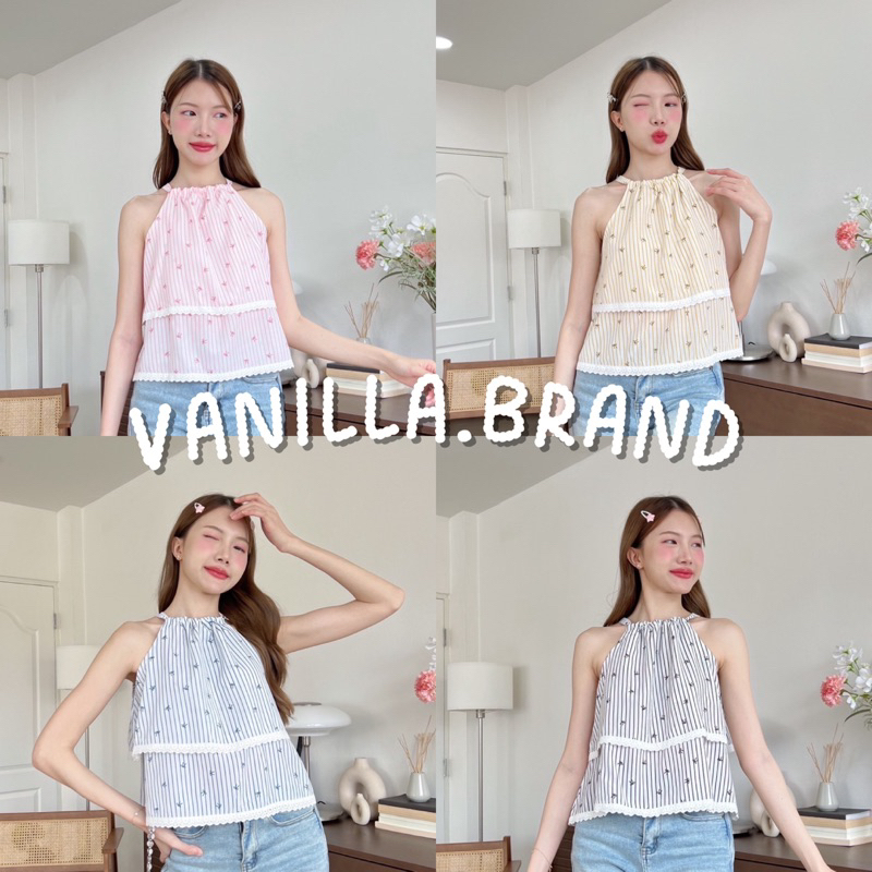 เสื้อแขนเว้า แต่งระบายสองชั้น สายปรับได้ -kn / VB0453