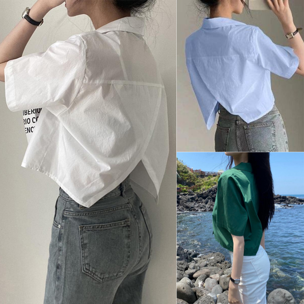 STYLE เสื้อเชิ้ตแขนสั้นสีพึ้น ดีเทลผ่าหลัง สวยเท่ แนวเกาหลี แมตช์ง่าย “w426”