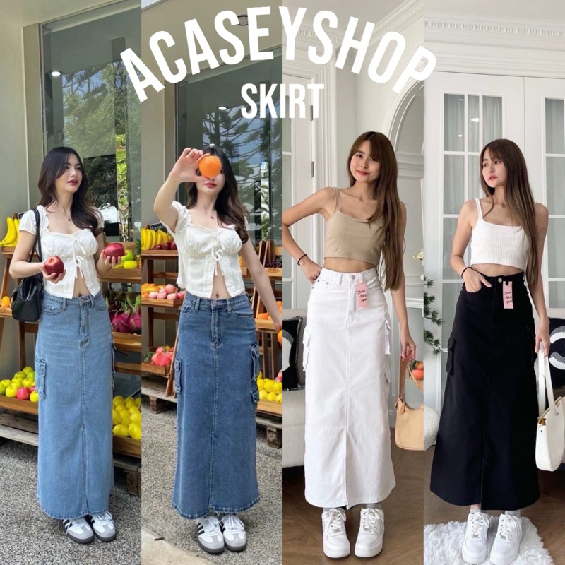 Acasey กระโปรง ผ้ายีนส์ Cargo ตัวยาว ผ่าหน้า ผ้าสี ทรงสวย ไซส์ S - XL รุ่นกระโปรงคาร์โก้ผ่าหน้าgm
