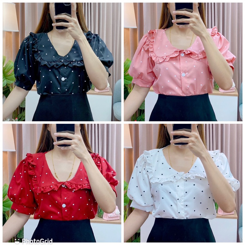 เสื้อคอบัวแขนสั้นลายจุด5 กระดุมจริง อก40ยาว23เนื้อผ้าไหมอิตารี่