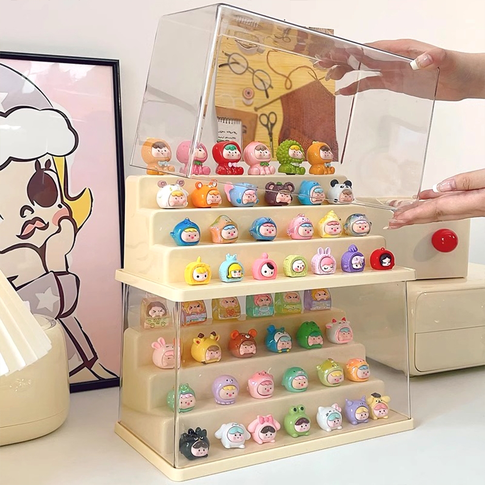 กล่องใส่โมเดล กล่องใส่ art toy กล่องใส วางซ้อนได้4 ชั้น มีสองสีให้เลือก ตุ๊กตาของสะสม ที่เก็บของสะสม popmart