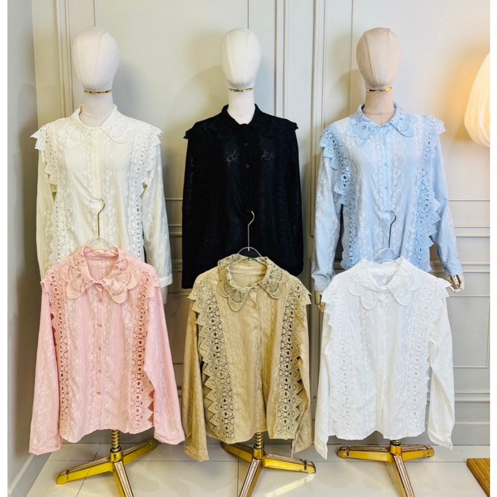 COCO TIQUE LACE 🌼เสื้อเกาหลีลูกไม้แขนยาวแต่งคอบัว ระบายข้างน่ารักมากๆ อก :ก่อนยืด 42"-ยืดได้ 58 "นิ้
