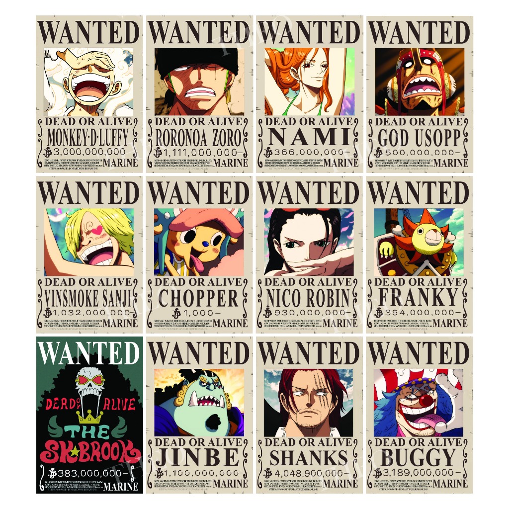 โปสเตอร์กระดาษ ลาย One Piece ใบประกาศจับ Wanted Reward ขนาด 4x6 นิ้ว โปสเตอร์ตกแต่งห้อง (ขั้นต่ำ 9 ช