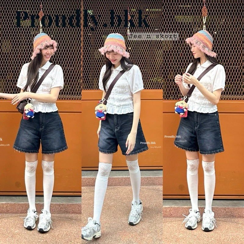 Proudly.bkk tee n skort ยีนส์ขาสามส่วน เอวสูงสีไนท์บลู งานผ้าไม่ยืด S-XL