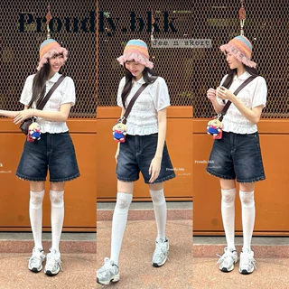 Proudly.bkk tee n skort ยีนส์ขาสามส่วน เอวสูงสีไนท์บลู งานผ้าไม่ยืด S-XL