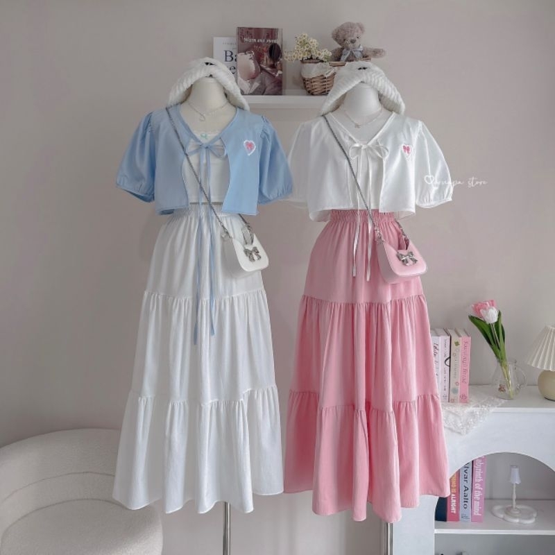 🎀☁️🌷ชุดเซต เสื้อคลุมใจฟูสั้น ปักโบว์ชม หัวใจ+ กระโปรงยาว น่ารัก