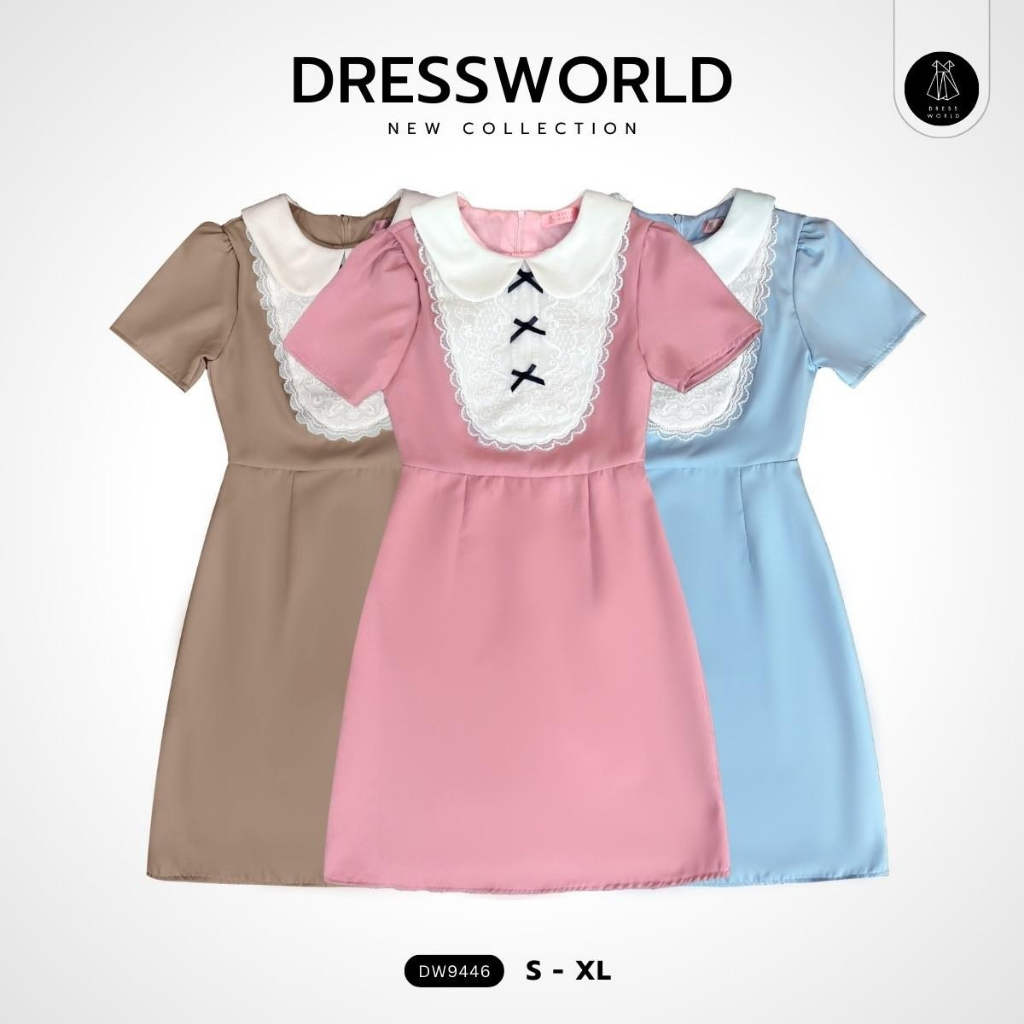 {S-XL} 9446 งานป้าย Dress World เดรสสั้นสีพื้น คอปก แต่งโบว์ดำ เรียบๆ น่ารัก ดีเทลเกร๋ๆ จ้า