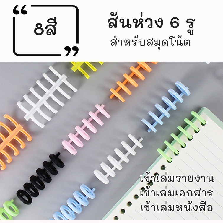 สันห่วง 6รู อุปกรณ์สำหรับเข้าเล่มเอกสาร สามารถถอดสันห่วงออกเพื่อเพิ่มหรือเอาเอกสารบางส่วนออกได้