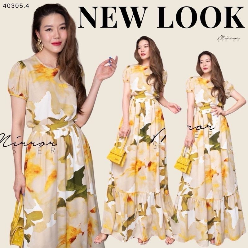 Shopee Video M8 งานป้าย Mirrorsister Dress เดรสยาวแขนสั้นพิมพ์ลายเอวสม็อค สำหรับผู้หญิง เสื้อผ้าแฟชั่นผู้หญิง ไซส์ M-L