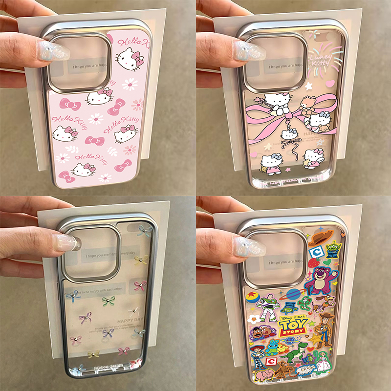 สีชมพู Hello Kitty โบว์โบว์ตัวเรือนชุบไฟฟ้าเข้ากันได้กับ IPhone 16 11 13 15 7PLUS 16 14 12 Pro Max XR X XS MAX 15 8 SE
