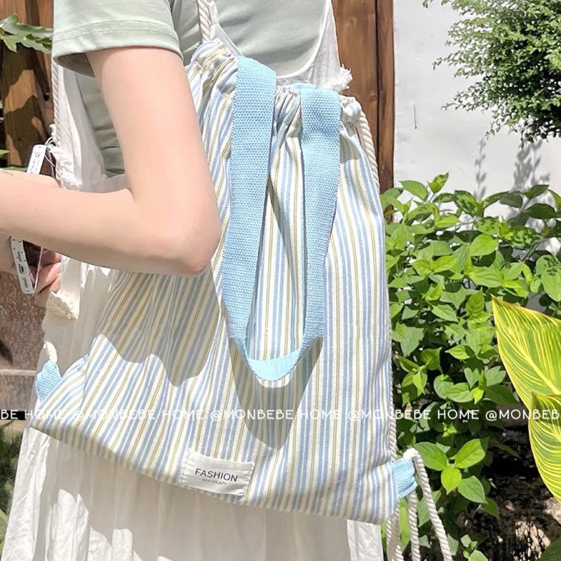 กระเป๋าผ้า อเนกประสงค์ กระเป๋าเป้สะพายหลัง สไตล์เกาหลีแบบใหม่ ลายทางสีฟ้า กระเป๋าผ้า ถุงผ้าหูรูด พร้อมส่ง