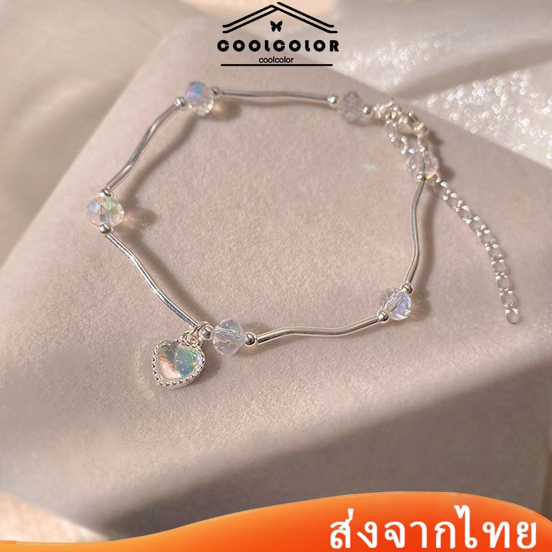 สร้อยข้อมือจี้คริสตัลรูปหัวใจสีสันสดใสสีเงินมูนสโตนหรูหราเหมาะกับของขวัญสไตล์แฟรี่สําหรับผู้หญิง.COD