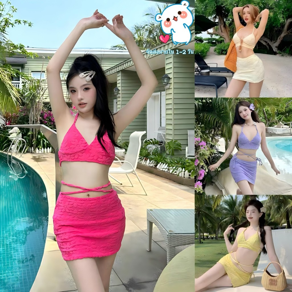 Swift Bra ชุดว่ายน้ำสไตล์เกาหลี บิกินี่ 3 ชิ้น แทนกินี่ลายดอกไม้ ผ้านุ่ม แบบใหม่ ผูกโบว์มีฟองน้ำ