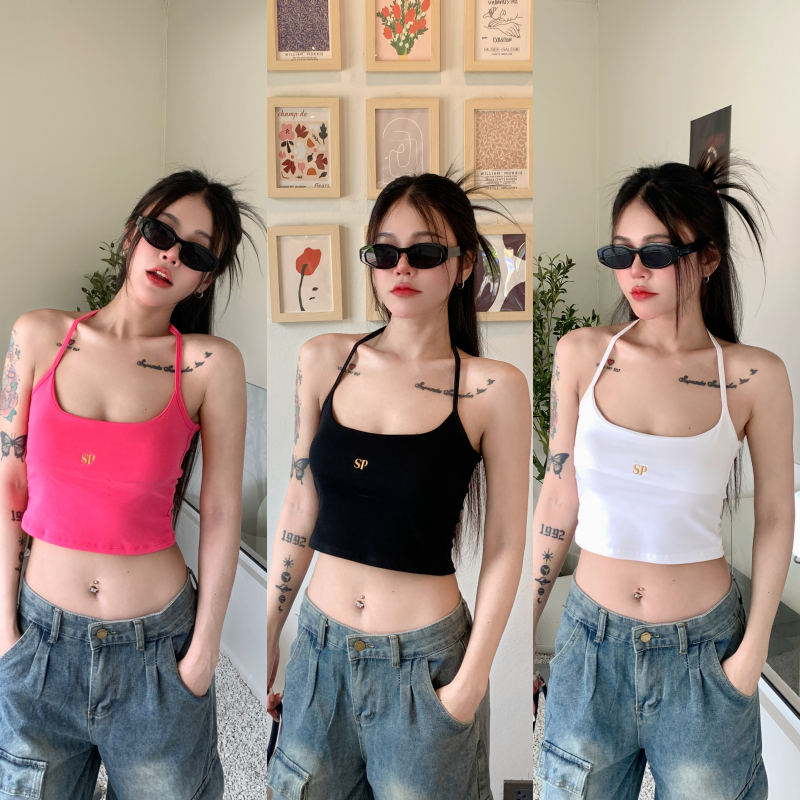 เสื้อครอปคล้องคอ ปักโลโก้ ผ้ายืดยูนิ ✨ โชว์หลังทรงสวย ผ้าผืดตามตัว ใส่แล้วพรางหุ่น รุ่น คล้องคอปักSP ราคา ถูกที่สุด ดีลบีเคเค