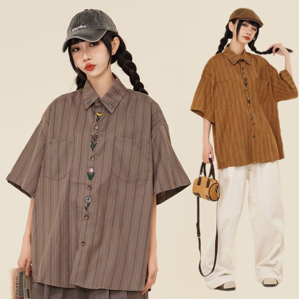 IBB GARDEN SHIRTS เสื้อเชิ้ตแขนสั้นปักลายดอกไม้ทรงโอเวอร์ไซส์ – โปรปัง