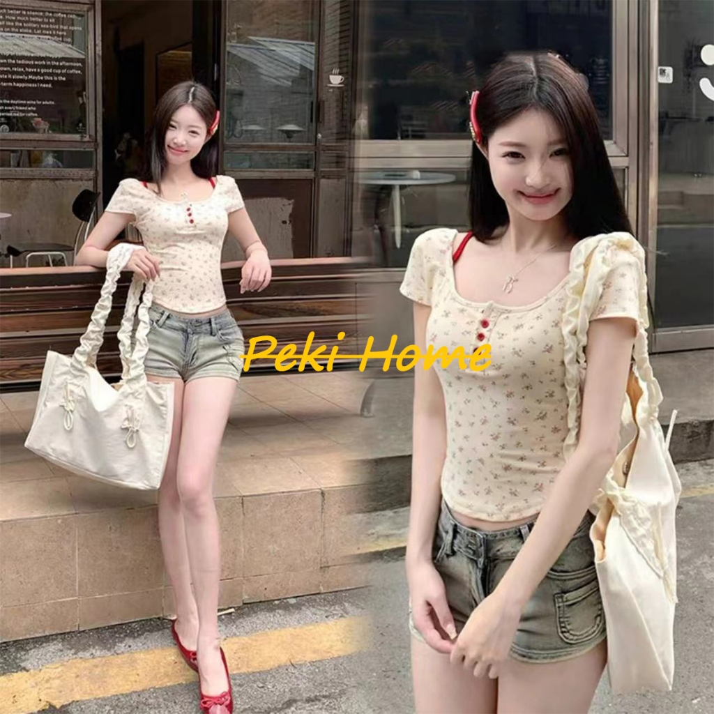 เสื้อยืดแขนสั้นลายดอกไม้ สำหรับฤดูร้อน ดีไซน์เก๋ๆ