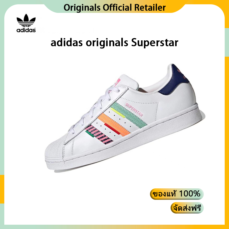 รองเท้า adidas originals Superstar รองเท้ากีฬา รองเท้าลำลอง แท้100%【สีขาว - ฟ้า ผู้หญิง】