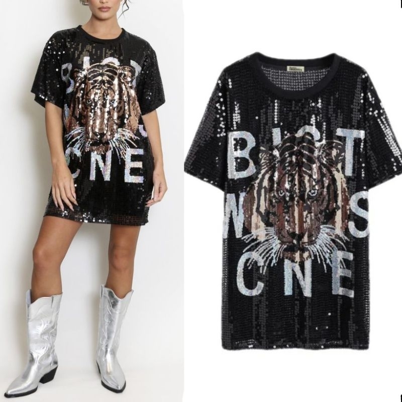 เสื้อปักเลื่อมวิ้งๆลายเสือ เสื้อกลิตเตอร์วิบวับ (สินค้าในไทย )
