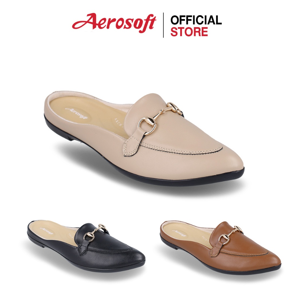 Aerosoft (แอโร่ซอฟ) รองเท้าคัทชูผู้หญิง เพื่อสุขภาพ ส้นแบน รองเท้าคัทชูสีดำ รุ่น