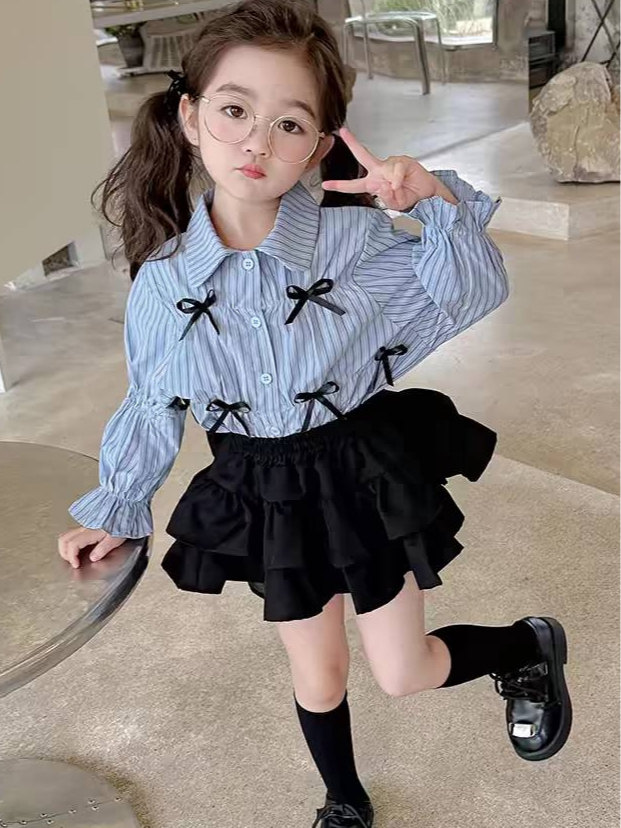 walibaby 345🔥พร้อมส่ง🔥ชุดเซ็ตเสื้อเชิ้ต+กระโปรงแฟชั่น สไตล์เกาหลี สำหรับเด็กผู้หญิง