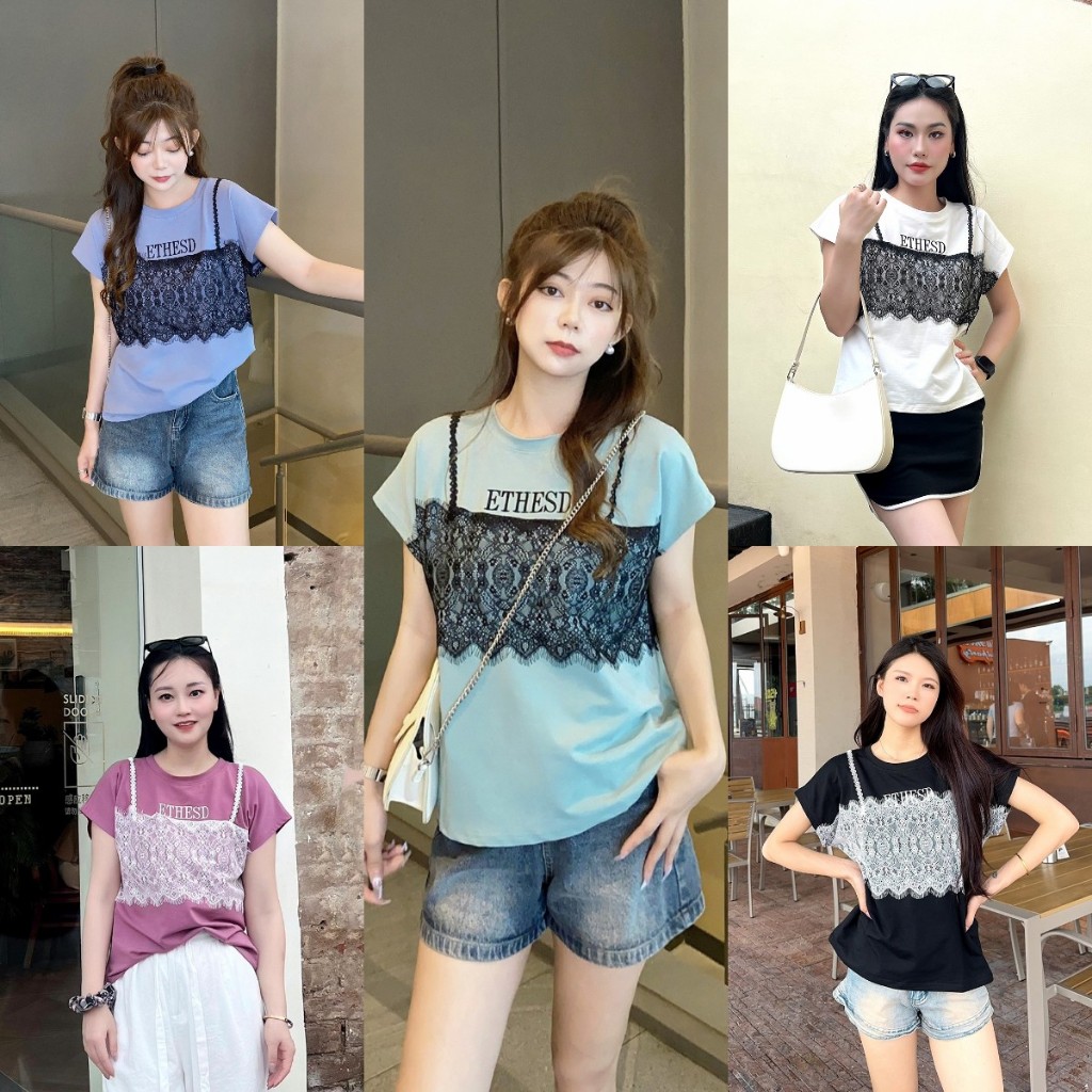 Yolanda เสื้อยืด แต่งเย็บผ้าลูกไม้ ผ้า2ชิ้นเย็บติด ปักตัวอักษรกลางอก เสื้อแขนสั้น เสื้อแฟชั่นผู้หญิง แขนไหล่ตก HJ3455