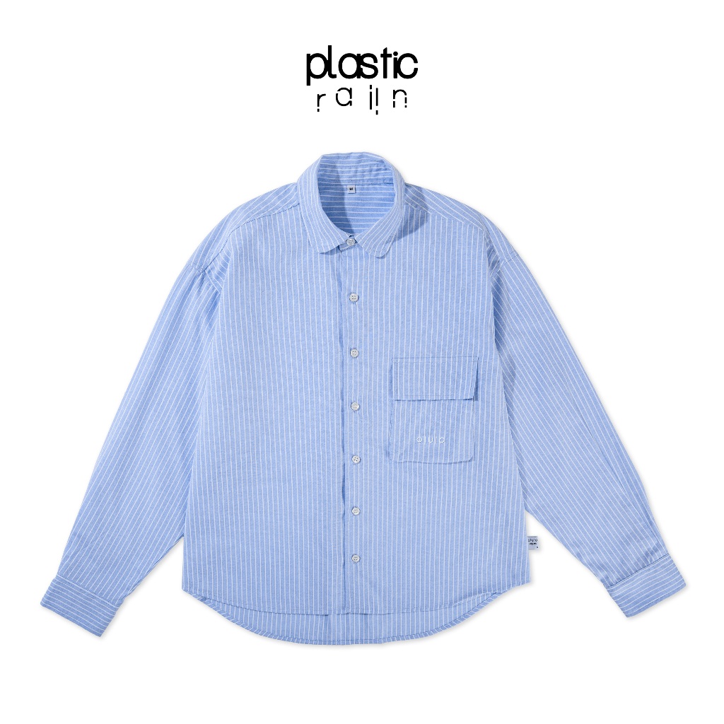 เสื้อเชิ้ตแขนยาวลายทางสีฟ้า ทรงครอป (Blue stripe Crop Long Sleeve Shirt)