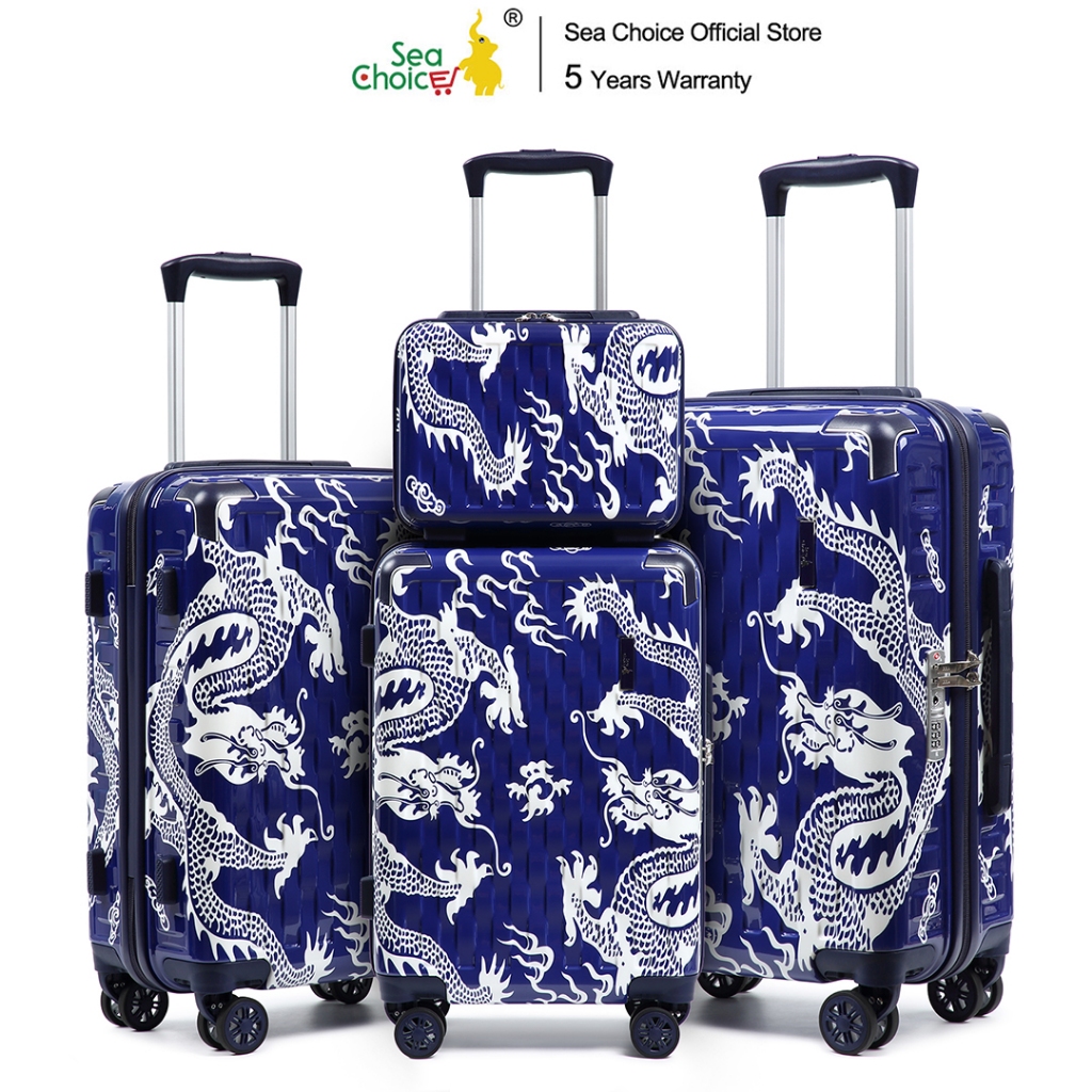 SeaChoice กระเป๋าเดินทาง วัสดุ PC ตัวล็อค TSA ซิป YKK กระเป๋าเดินทาง 13/20/24/28นิ้ว กระเป๋าเดินทางลายดอกโบตั๋น ลายมังกร