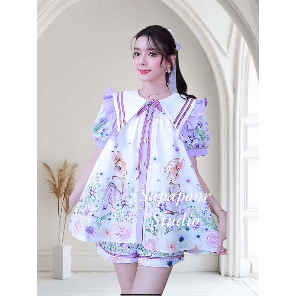 BLT BRAND SP756 การันตีเสื้อผ้าแบรนด์แท้ ชุดเซ็ทกางเกงขาสั้นมากับเสื้อแขนสั้นสีม่วงอ่อน พิมพ์ลายดอกไม้ ใส่ไปเที่ยว