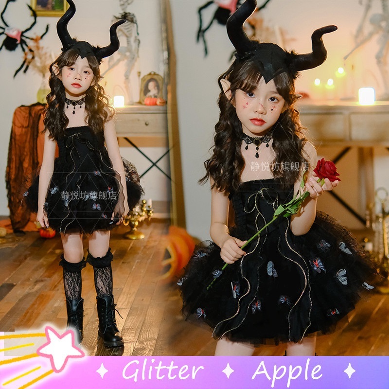 Ghost Bride Lace Black Dress For Kids Girl Dark Vampire Wedding Dresses Gift Halloween Cosplay Costu