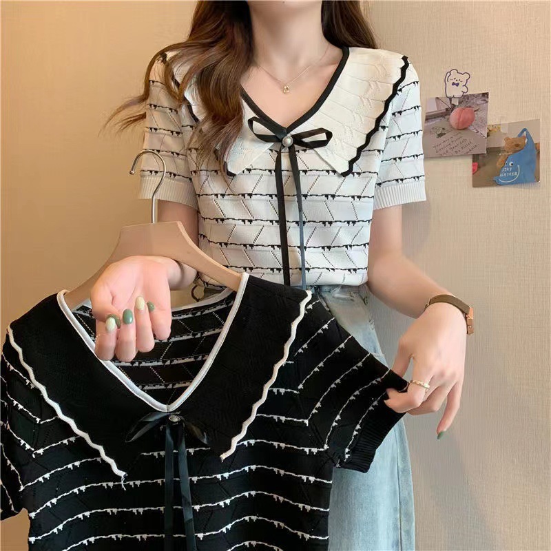 พร้อมส่งในไทย**เสื้อไหมพรม คอปก กระดุมด้านหน้า สีขาวดำ มีโบว์ Y139 รูปที่ 8