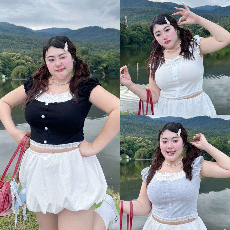 เสื้อครอปแขนตุ๊กตา เสื้อครอปสาวอวบ อก36-50นิ้ว plussize