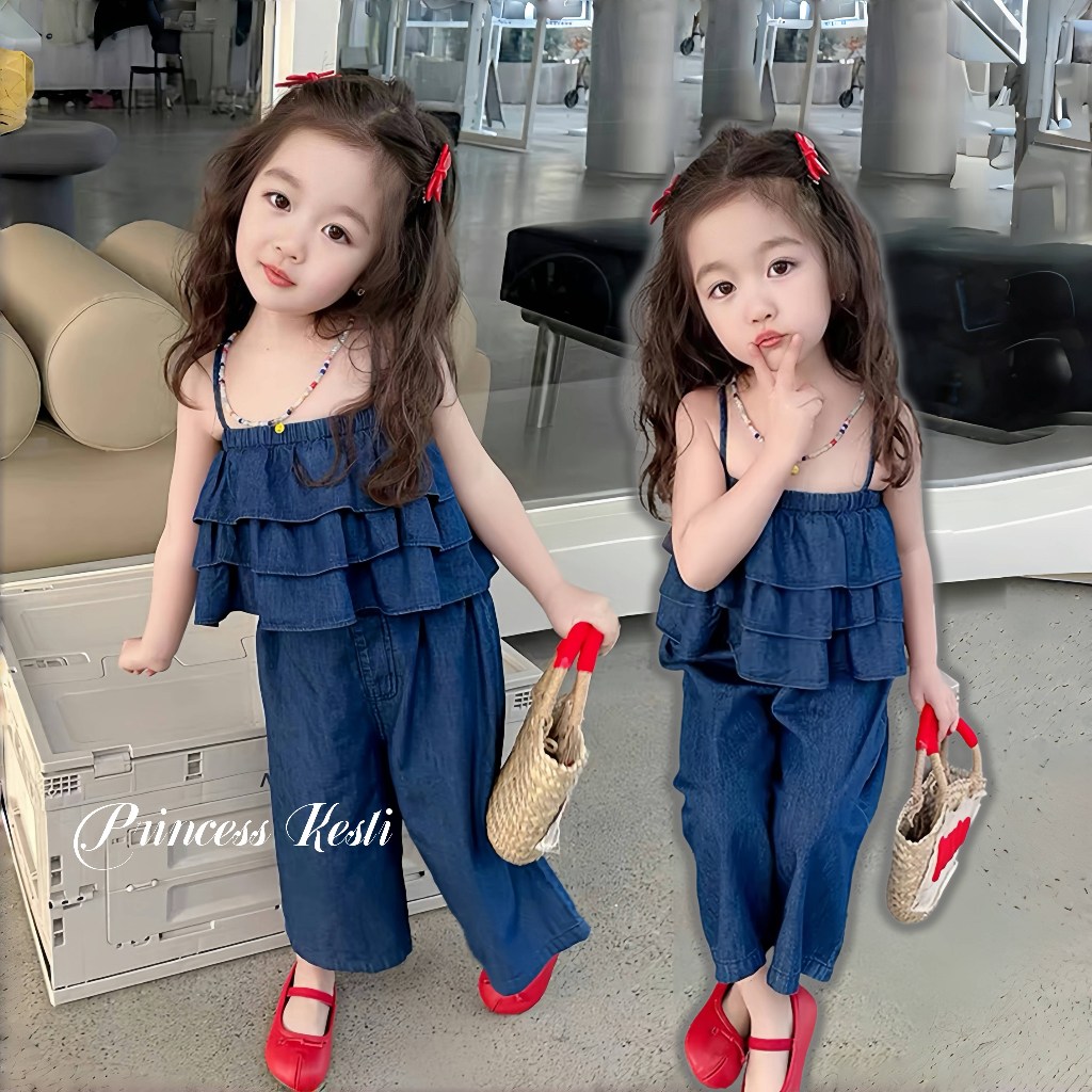 PRINCESS KESLI ชุดเชทเด็กผู้หญิง ผ้ายีนส์ ดเชทเด็ก 2 ชิ้น แฟชั่นฤดูร้อน 1-9 ปี