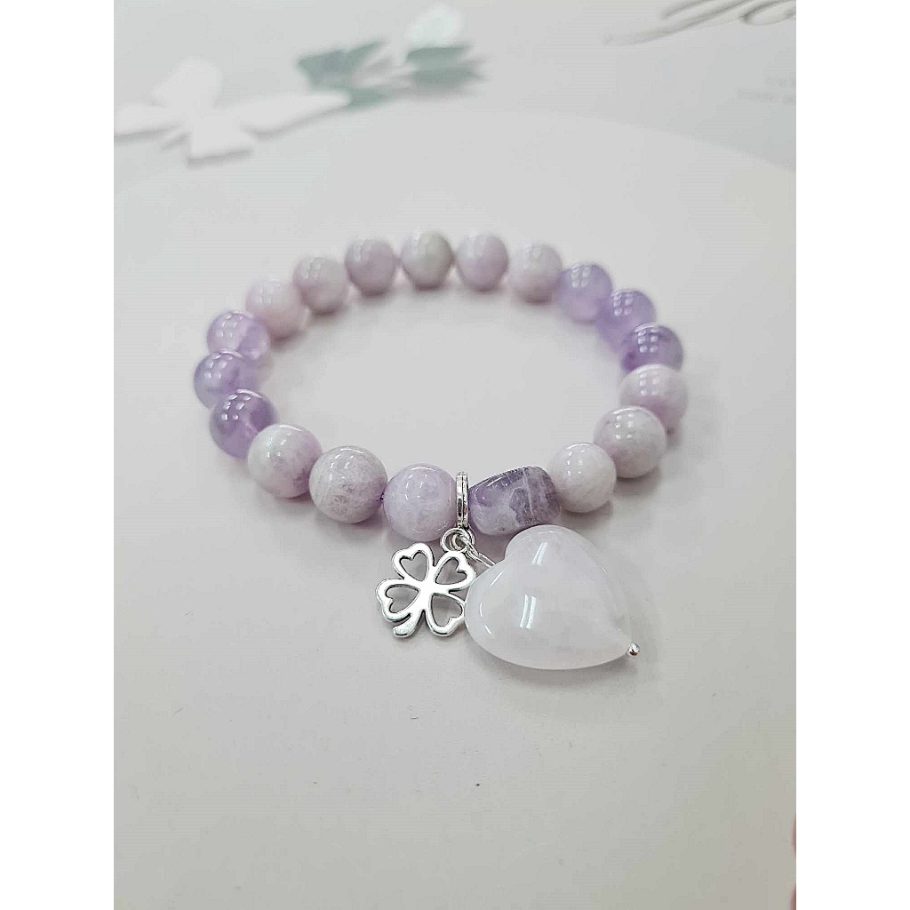 กำไลหินเสริมรักกำลังสาม ลาเวนเดอร์อเมทิสต์ & คุนไซต์ จี้โรสควอตซ์หัวใจ & ใบโคลเวอร์ (หินแท้ขนาด 10 มิล) - รูปที่ 3